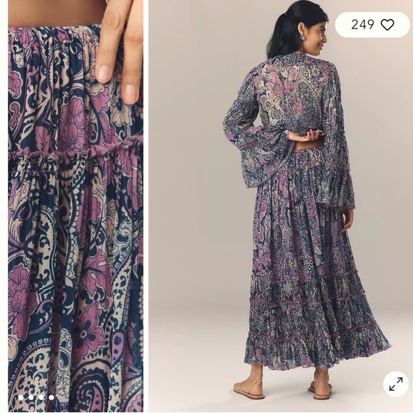 Anthropologie Bohemian Ruffled Paisley Maxi Skirt & Top Set Purple Size Small - Picture 2 of 11